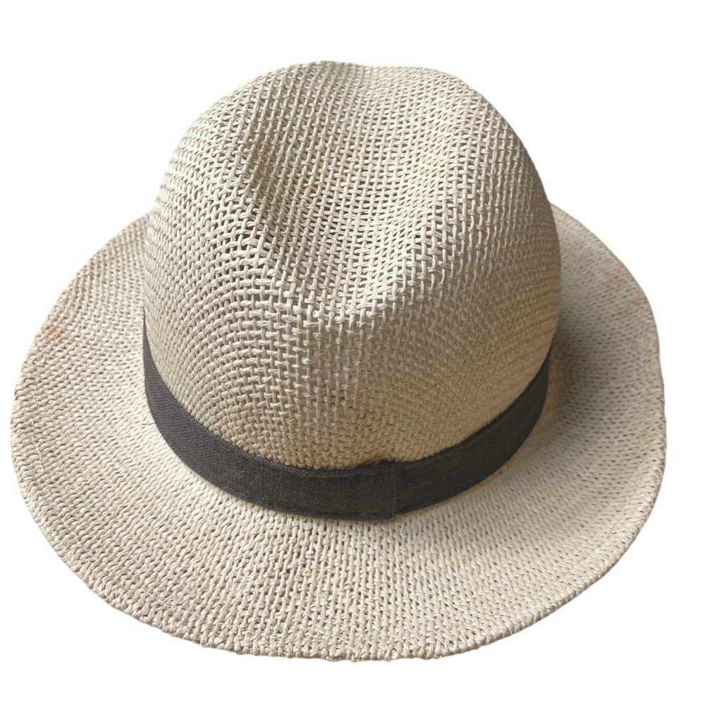 Old Navy Straw Hat Fedora Style Natural Tan Unisex Attached Brown Ribbon Band OS - Picture 6 of 6